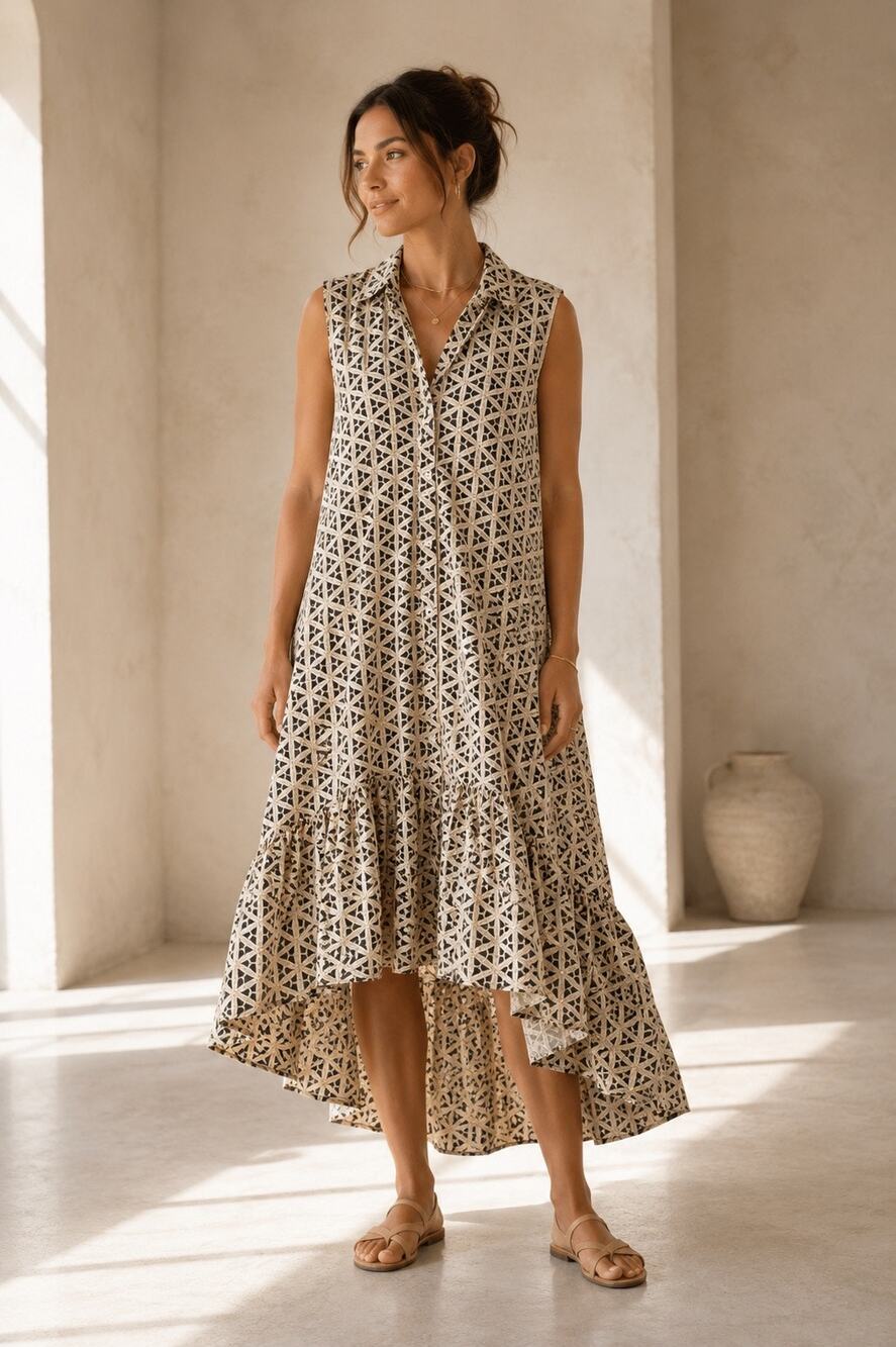 Boho Cotton Maxi Dress Large Sleeveless Button Front Tiered Geometric Print